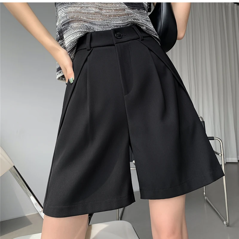 QOERLIN S-4XL Half Shorts Women Bermuda Suit Shorts Elegant Loose Casual High Waist Wide Leg Elastic Waist Black Shorts Summer