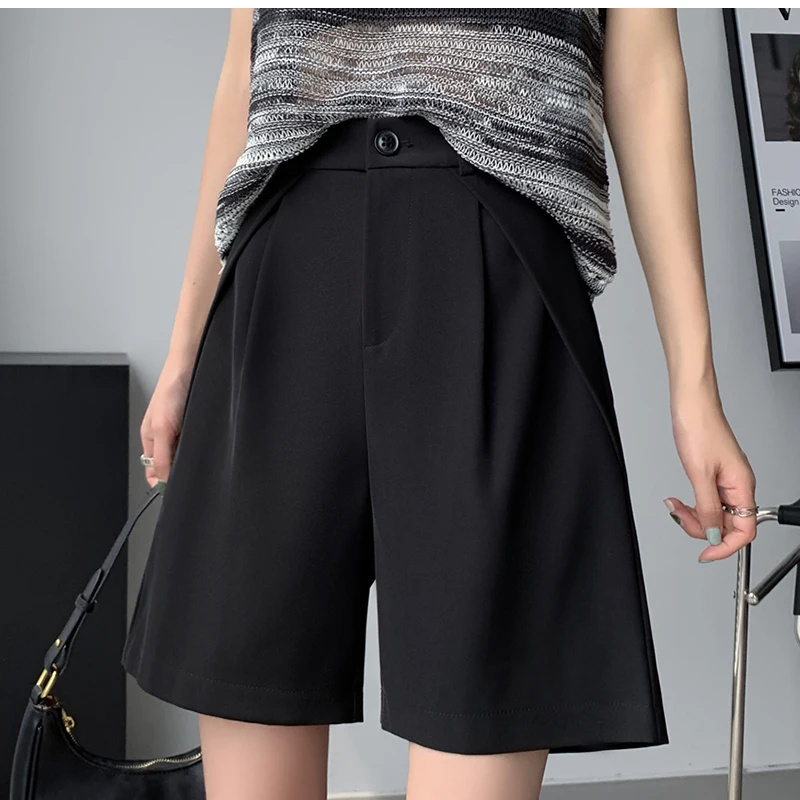 QOERLIN S-4XL Half Shorts Women Bermuda Suit Shorts Elegant Loose Casual High Waist Wide Leg Elastic Waist Black Shorts Summer