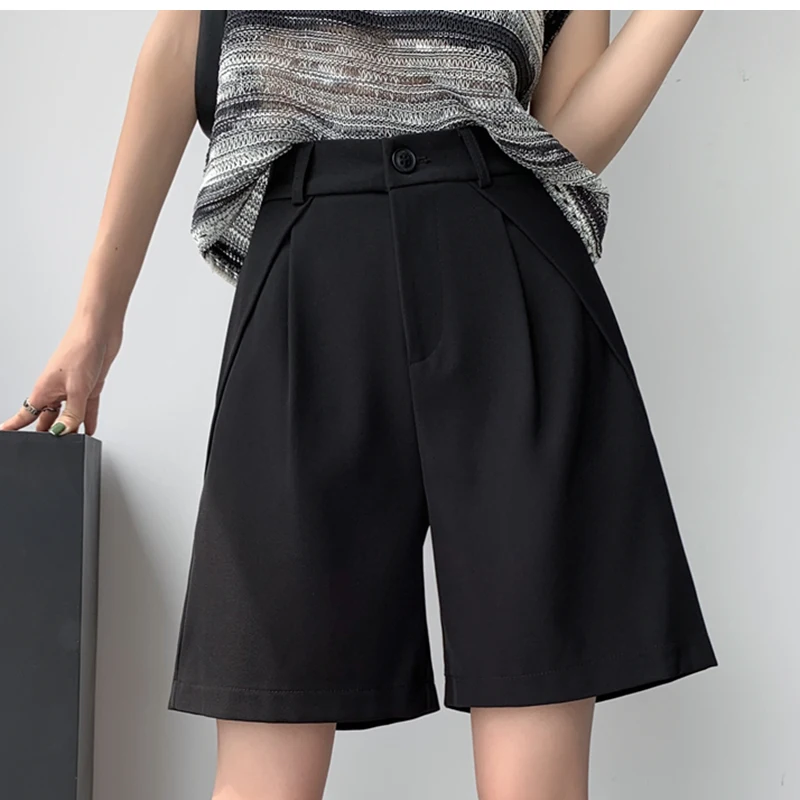 QOERLIN S-4XL Half Shorts Women Bermuda Suit Shorts Elegant Loose Casual High Waist Wide Leg Elastic Waist Black Shorts Summer