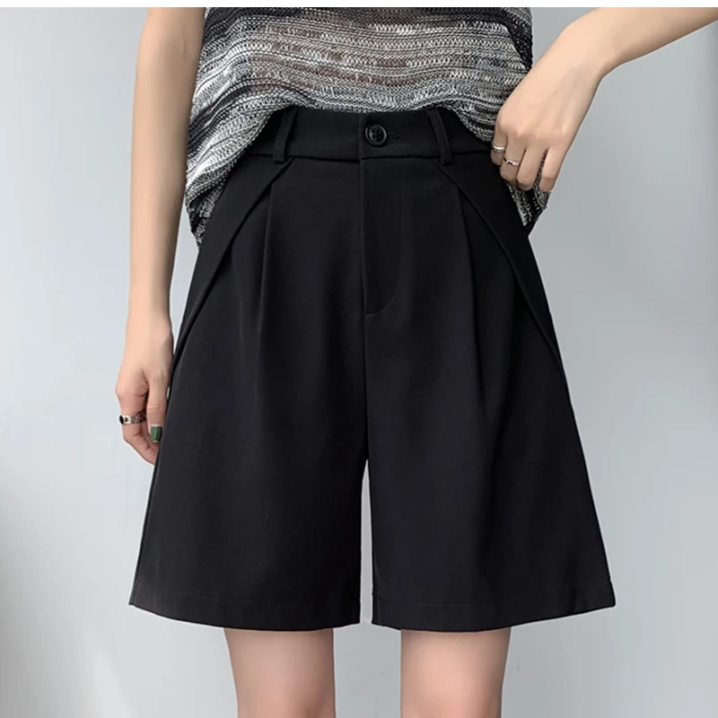 QOERLIN S-4XL Half Shorts Women Bermuda Suit Shorts Elegant Loose Casual High Waist Wide Leg Elastic Waist Black Shorts Summer