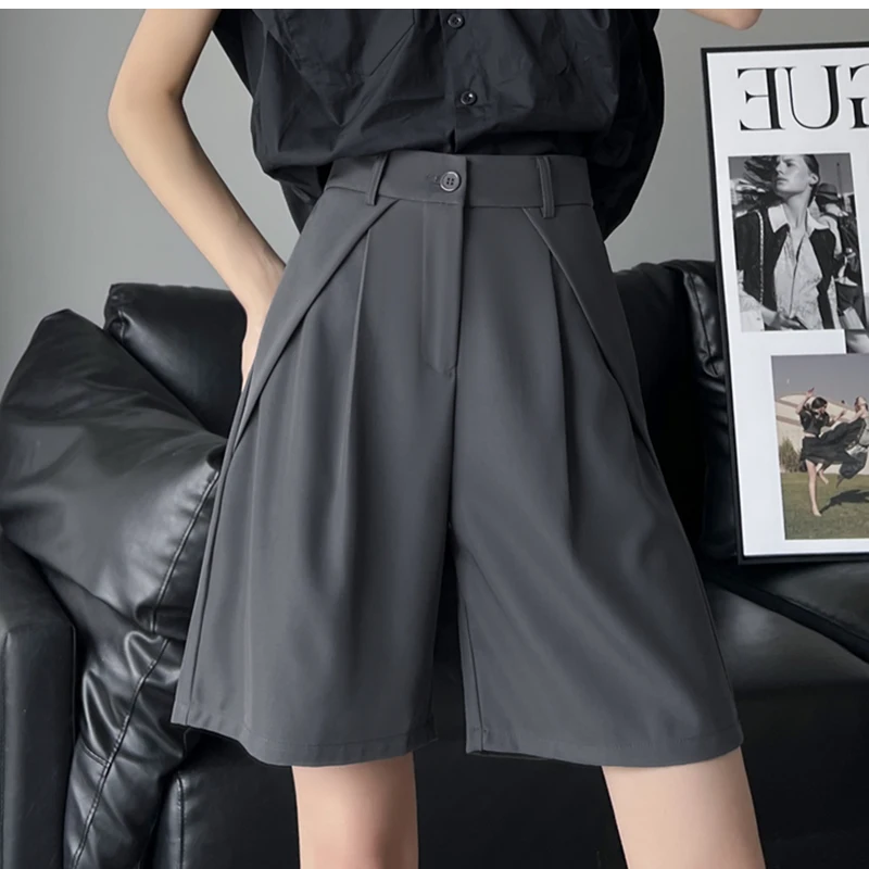 QOERLIN S-4XL Half Shorts Women Bermuda Suit Shorts Elegant Loose Casual High Waist Wide Leg Elastic Waist Black Shorts Summer