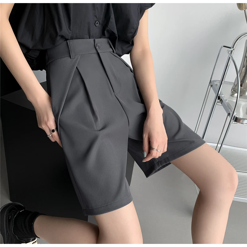 QOERLIN S-4XL Half Shorts Women Bermuda Suit Shorts Elegant Loose Casual High Waist Wide Leg Elastic Waist Black Shorts Summer