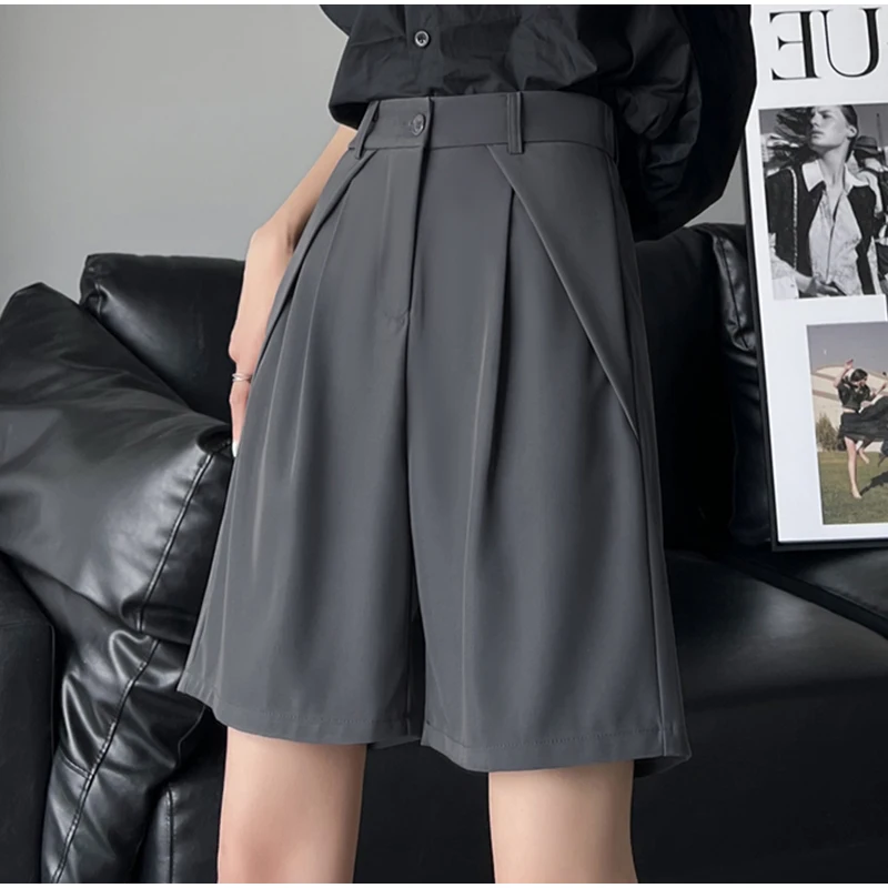 QOERLIN S-4XL Half Shorts Women Bermuda Suit Shorts Elegant Loose Casual High Waist Wide Leg Elastic Waist Black Shorts Summer