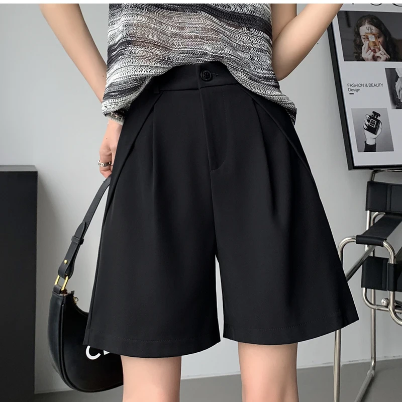 QOERLIN S-4XL Half Shorts Women Bermuda Suit Shorts Elegant Loose Casual High Waist Wide Leg Elastic Waist Black Shorts Summer