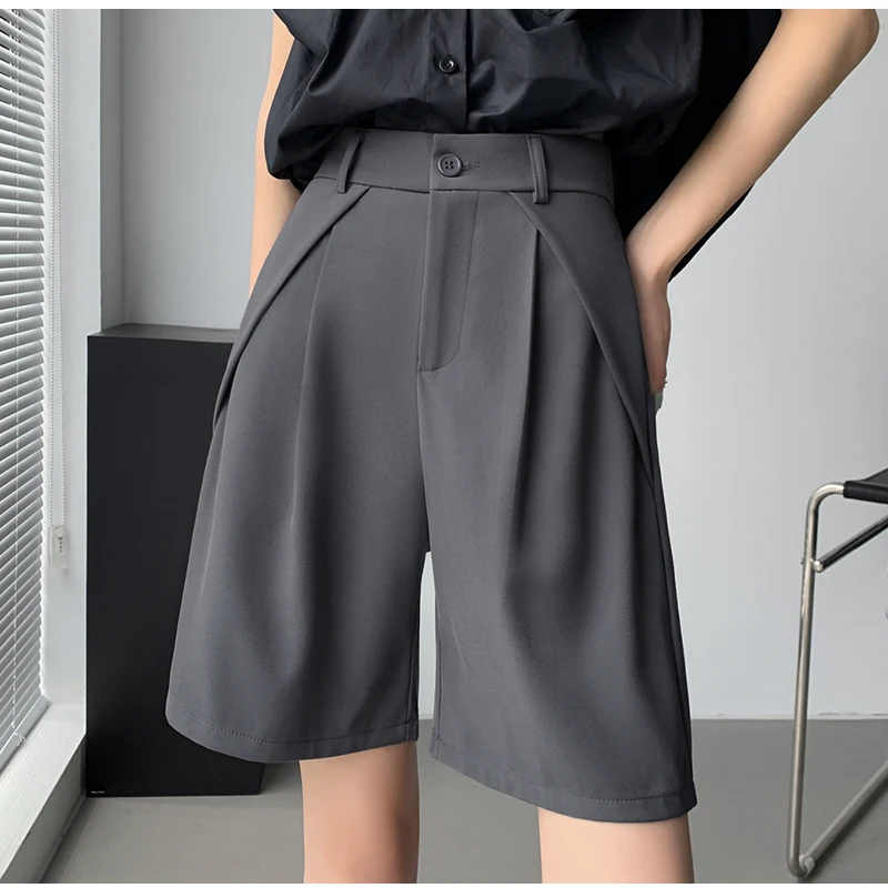 QOERLIN S-4XL Half Shorts Women Bermuda Suit Shorts Elegant Loose Casual High Waist Wide Leg Elastic Waist Black Shorts Summer
