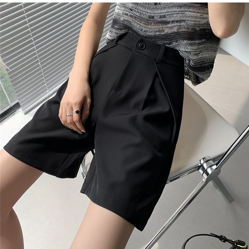 QOERLIN S-4XL Half Shorts Women Bermuda Suit Shorts Elegant Loose Casual High Waist Wide Leg Elastic Waist Black Shorts Summer
