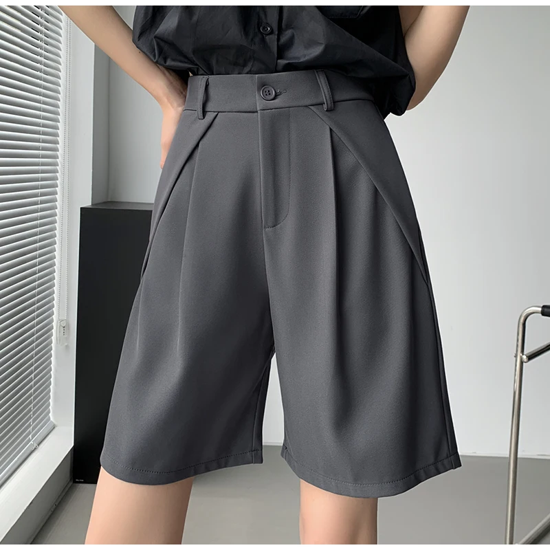 QOERLIN S-4XL Half Shorts Women Bermuda Suit Shorts Elegant Loose Casual High Waist Wide Leg Elastic Waist Black Shorts Summer