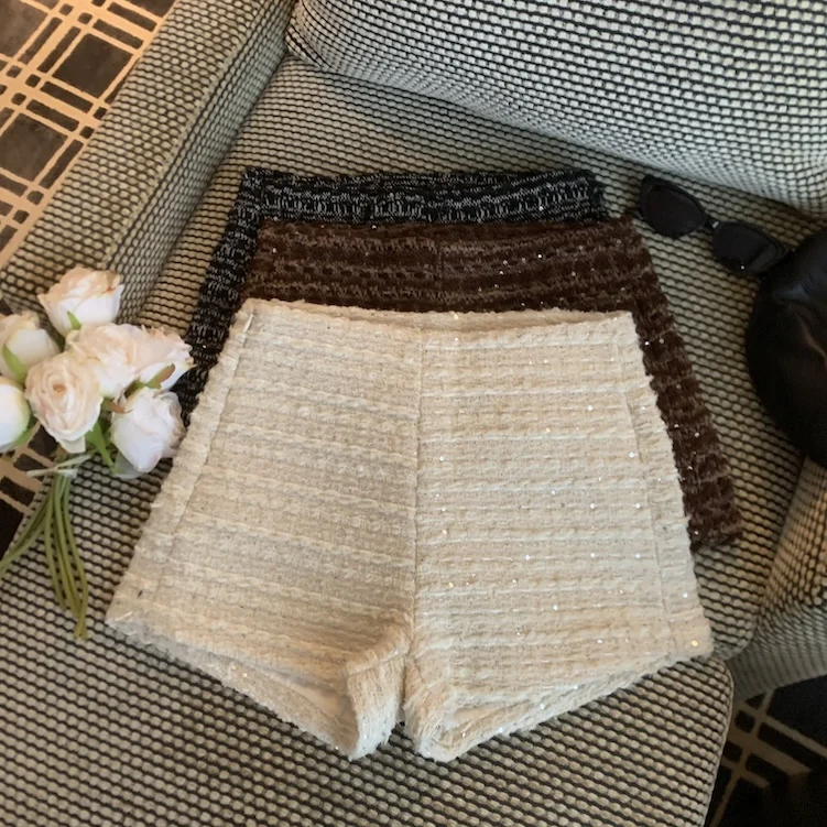 Retro New Autumn Winter Black Beige Sexy Club Zipper Shorts Women Brown Elegant Versatile Short Pants Popular High Street Trendy