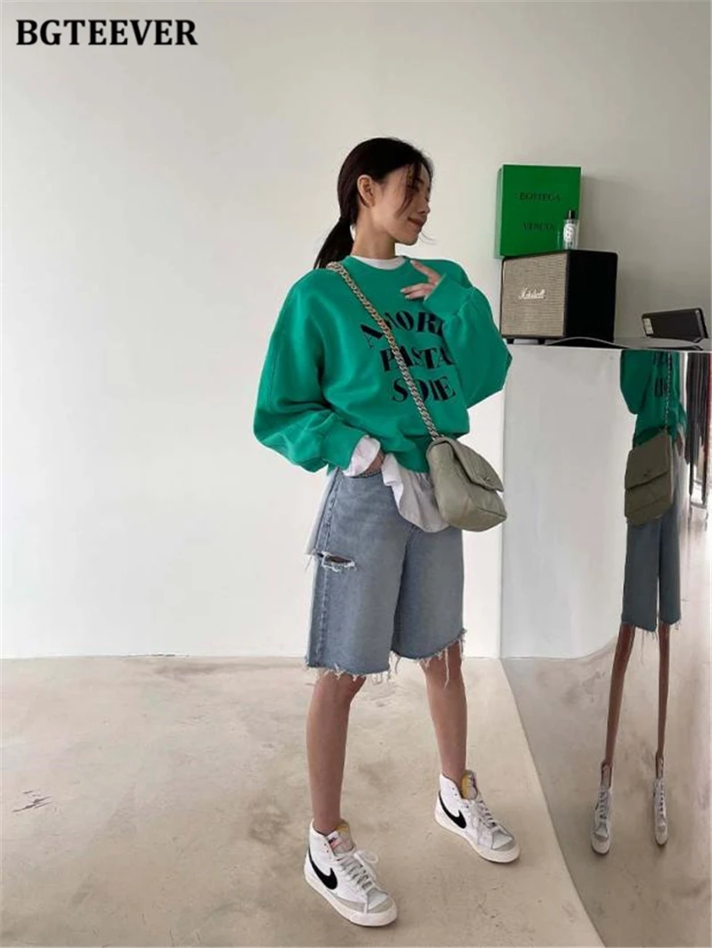 BGTEEVER Spring Summer Loose Ripped Holes Ladies Wide Leg Jeans Shorts High Waist Pockets Straight Women Denim Shorts 2022