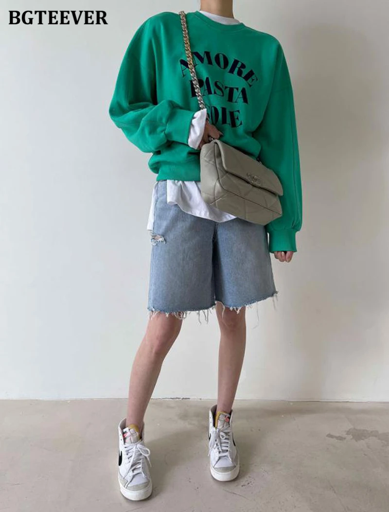 BGTEEVER Spring Summer Loose Ripped Holes Ladies Wide Leg Jeans Shorts High Waist Pockets Straight Women Denim Shorts 2022
