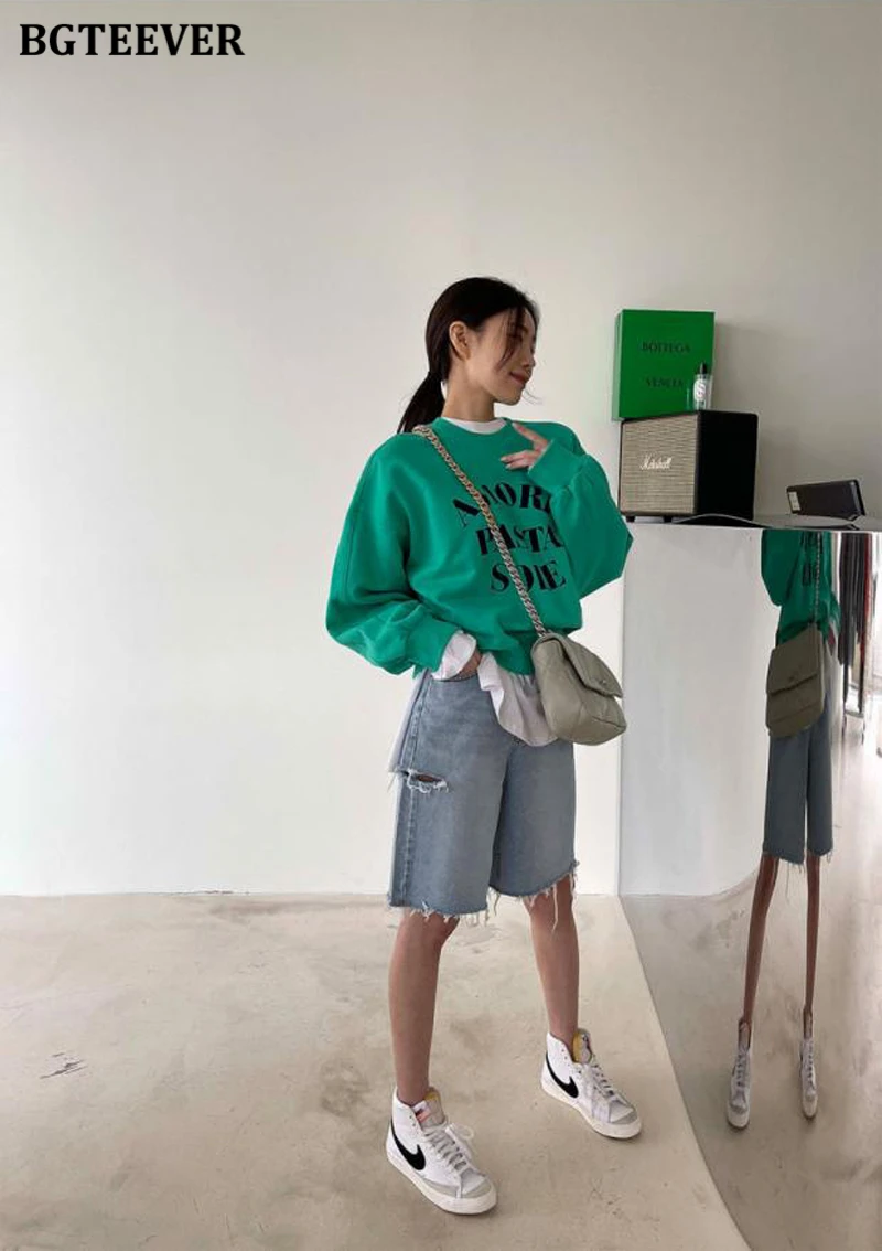 BGTEEVER Spring Summer Loose Ripped Holes Ladies Wide Leg Jeans Shorts High Waist Pockets Straight Women Denim Shorts 2022