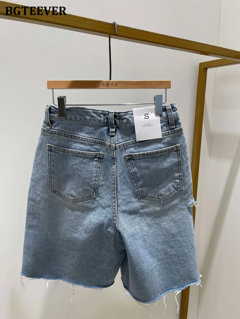 BGTEEVER Spring Summer Loose Ripped Holes Ladies Wide Leg Jeans Shorts High Waist Pockets Straight Women Denim Shorts 2022