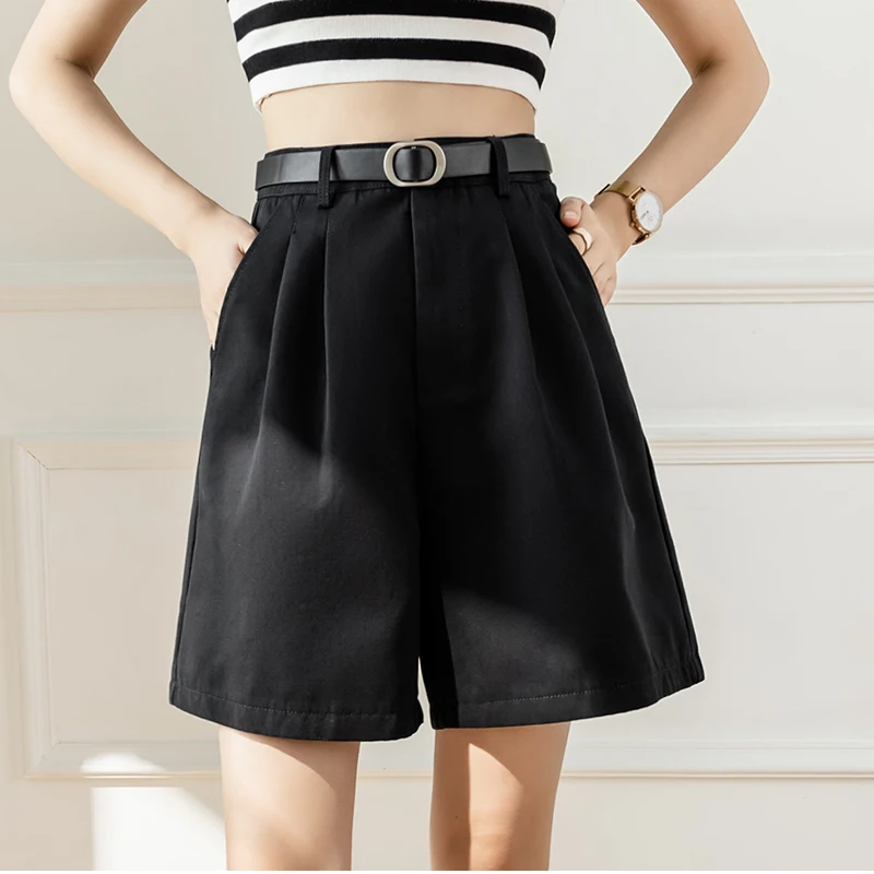 QOERLIN Retro Belted Bermuda Black Shorts Women High Waist Loose Casual Pocket Half Trousers 2022 Summer New Clothing S-XL