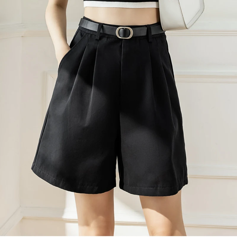 QOERLIN Retro Belted Bermuda Black Shorts Women High Waist Loose Casual Pocket Half Trousers 2022 Summer New Clothing S-XL