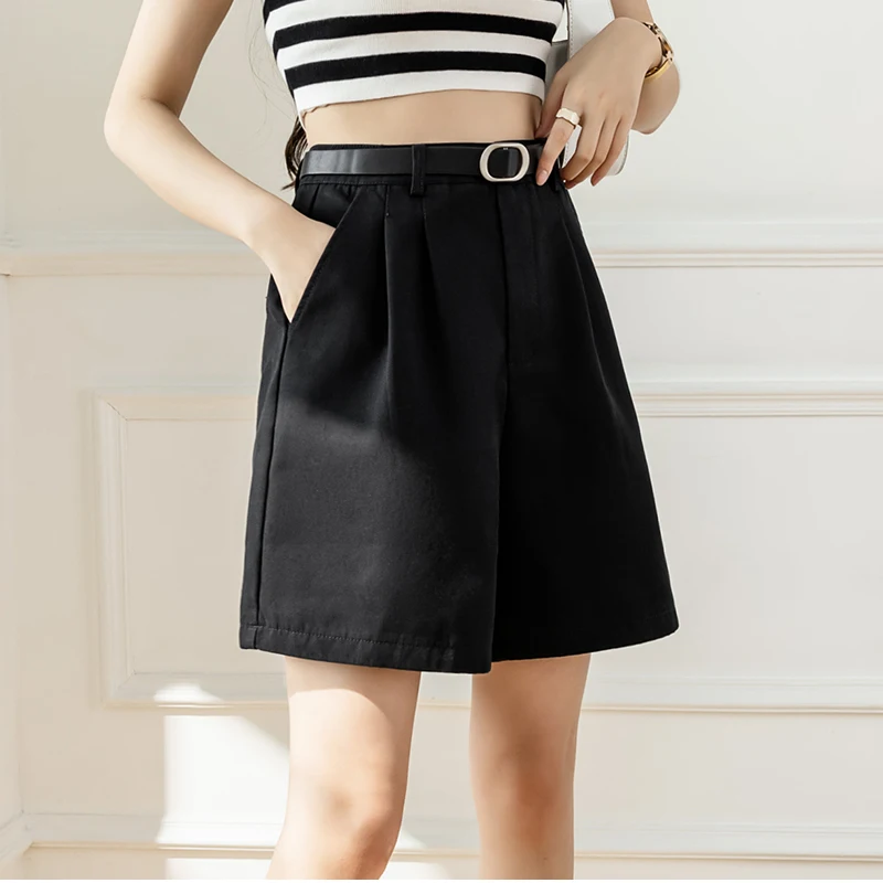 QOERLIN Retro Belted Bermuda Black Shorts Women High Waist Loose Casual Pocket Half Trousers 2022 Summer New Clothing S-XL
