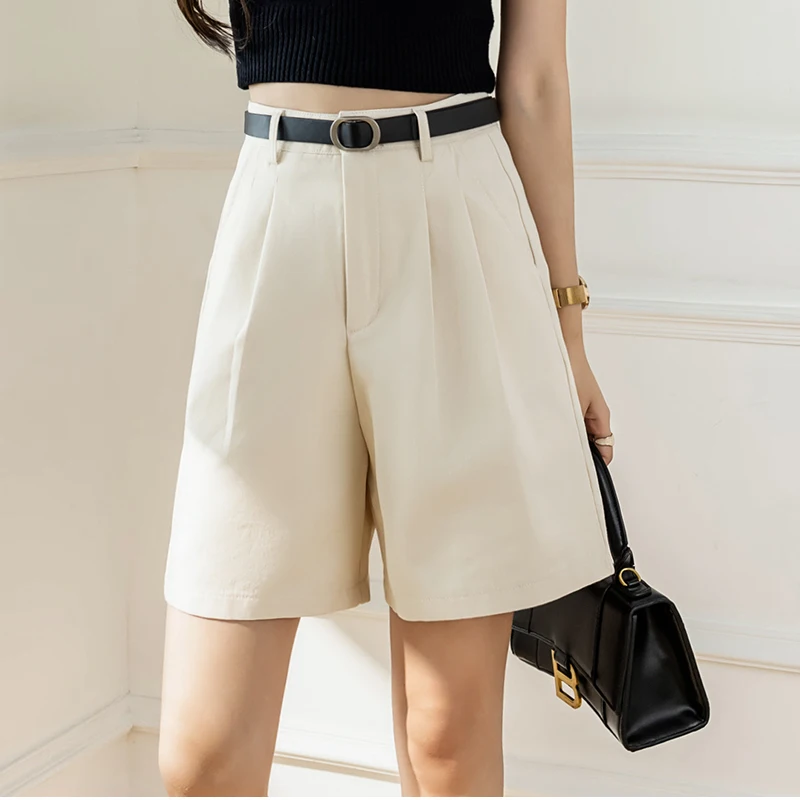 QOERLIN Retro Belted Bermuda Black Shorts Women High Waist Loose Casual Pocket Half Trousers 2022 Summer New Clothing S-XL