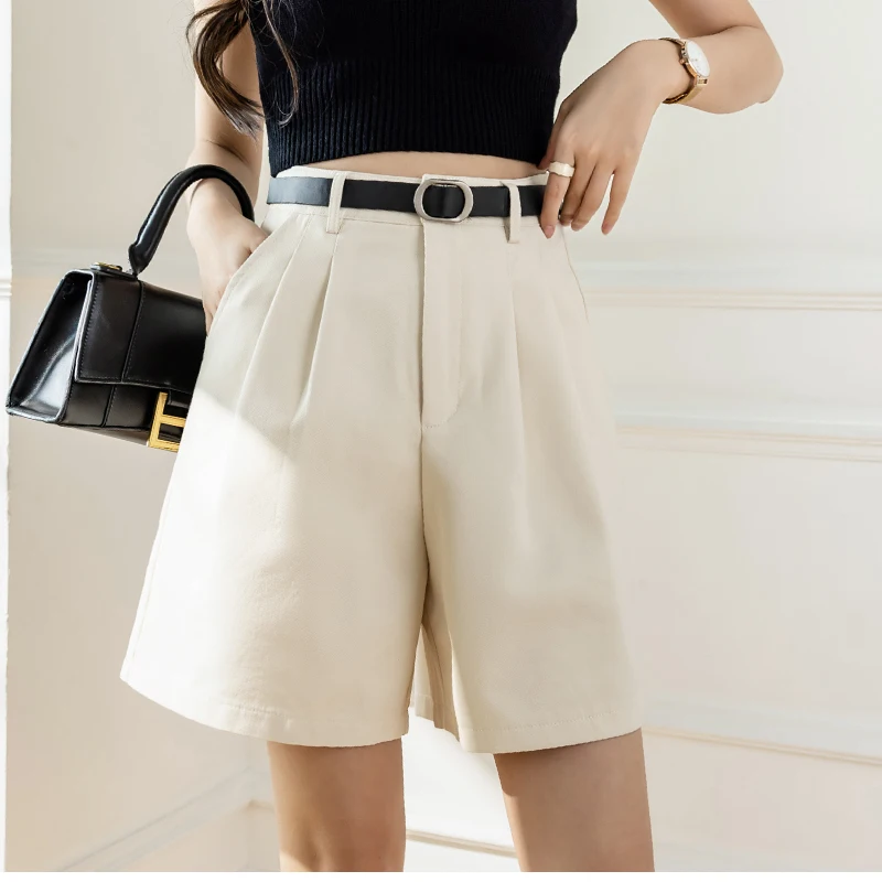 QOERLIN Retro Belted Bermuda Black Shorts Women High Waist Loose Casual Pocket Half Trousers 2022 Summer New Clothing S-XL