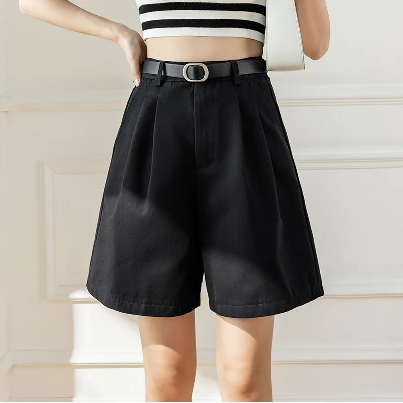 QOERLIN Retro Belted Bermuda Black Shorts Women High Waist Loose Casual Pocket Half Trousers 2022 Summer New Clothing S-XL