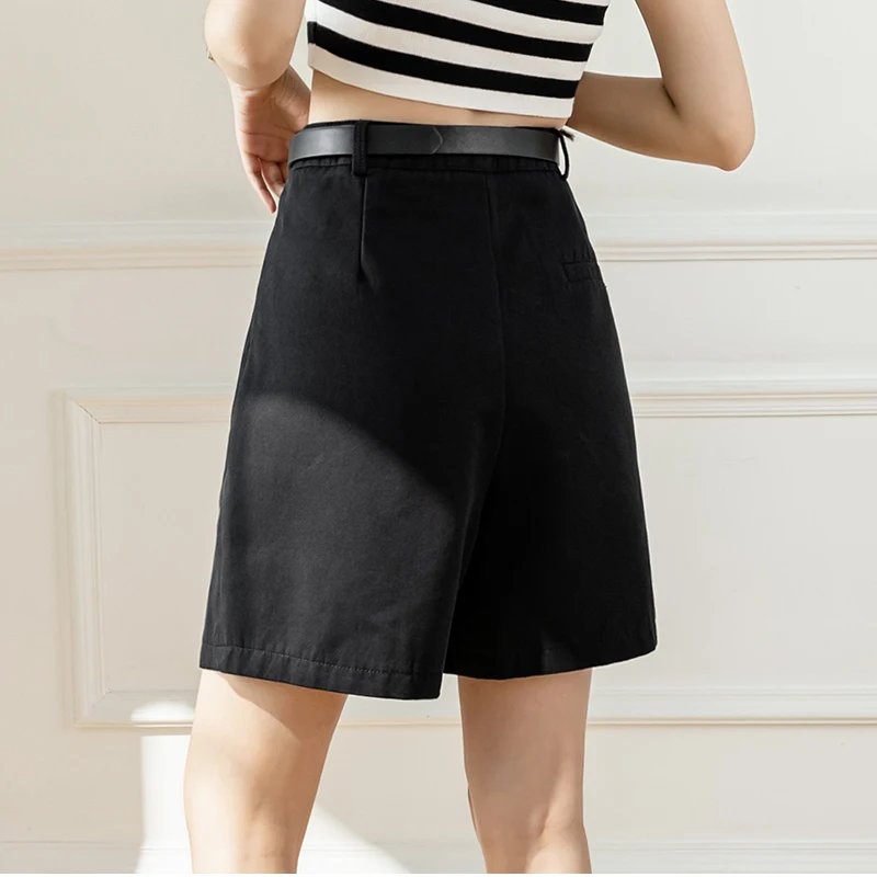QOERLIN Retro Belted Bermuda Black Shorts Women High Waist Loose Casual Pocket Half Trousers 2022 Summer New Clothing S-XL