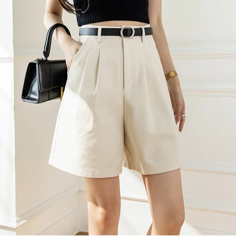 QOERLIN Retro Belted Bermuda Black Shorts Women High Waist Loose Casual Pocket Half Trousers 2022 Summer New Clothing S-XL