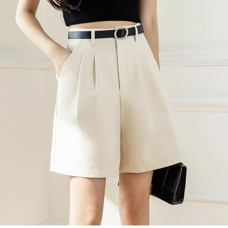QOERLIN Retro Belted Bermuda Black Shorts Women High Waist Loose Casual Pocket Half Trousers 2022 Summer New Clothing S-XL