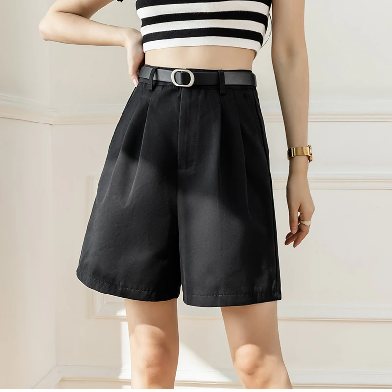 QOERLIN Retro Belted Bermuda Black Shorts Women High Waist Loose Casual Pocket Half Trousers 2022 Summer New Clothing S-XL