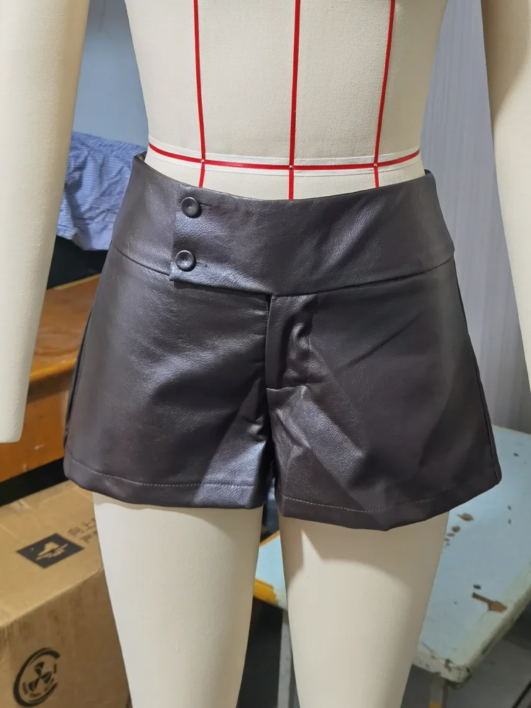 Women Short Pants Low-Waist Leather Shorts Mini Clothes Wide Waistband Multi-Button Design Slim-Fit Casual Streetwear Bottoms