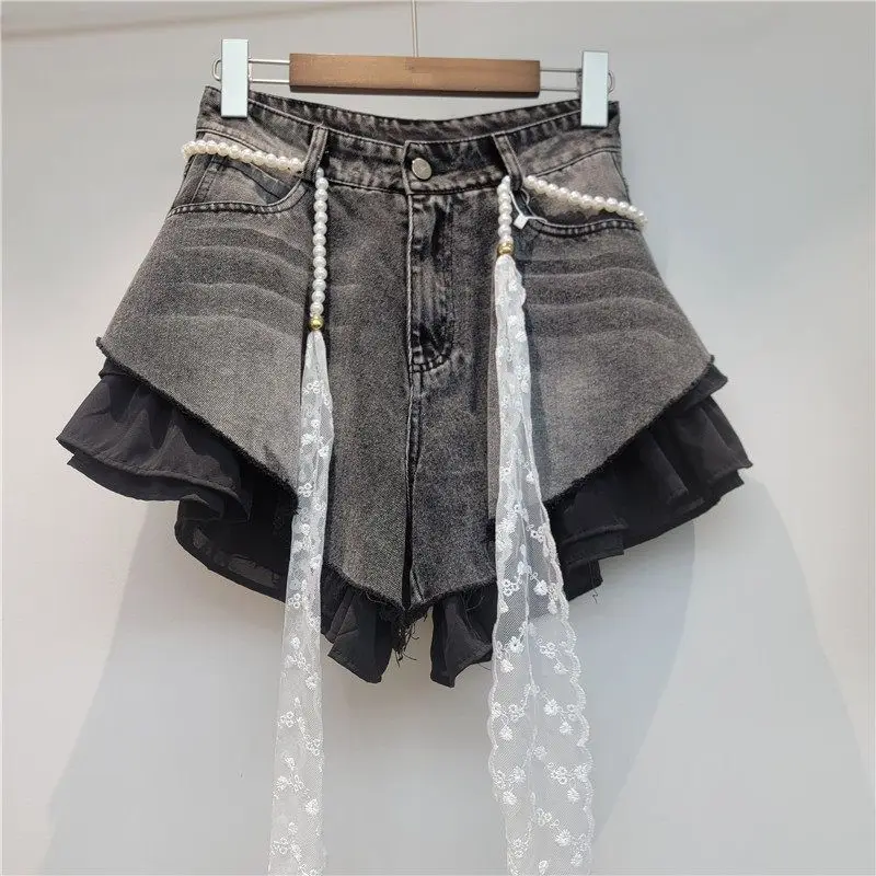 European Design Slanted Edge Splicing Jeans Shorts 2026 New Summer High Waist A-word Shorts Wide Legs Y2k Shorts