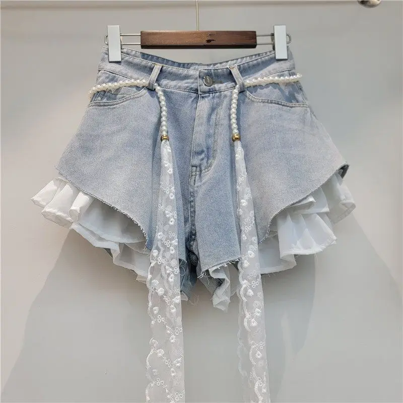 European Design Slanted Edge Splicing Jeans Shorts 2026 New Summer High Waist A-word Shorts Wide Legs Y2k Shorts