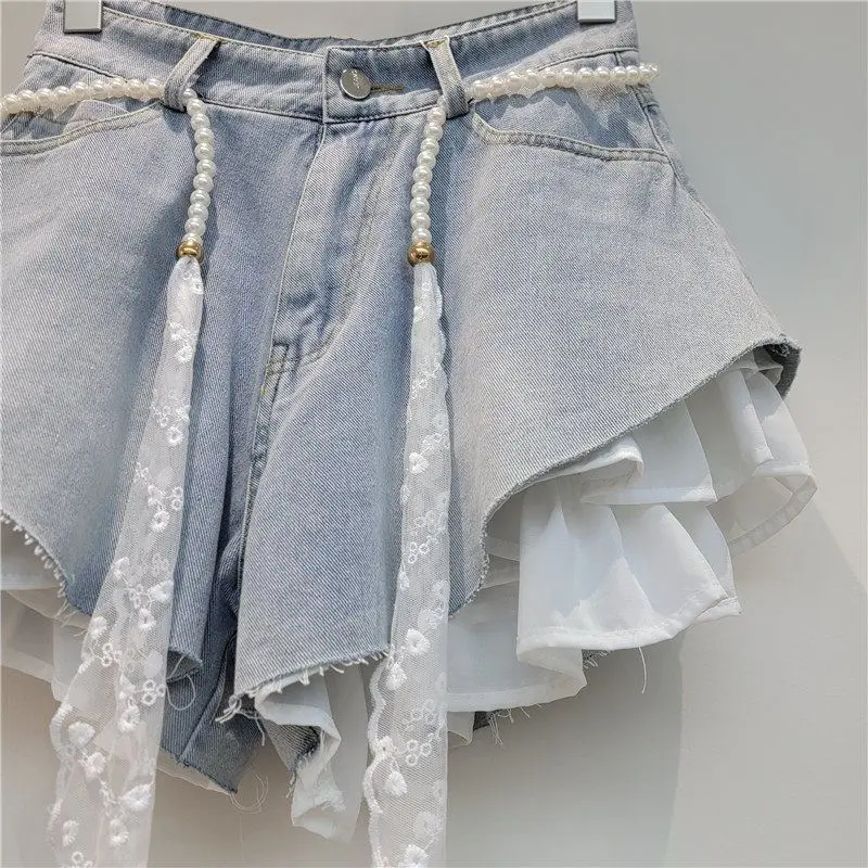 European Design Slanted Edge Splicing Jeans Shorts 2026 New Summer High Waist A-word Shorts Wide Legs Y2k Shorts