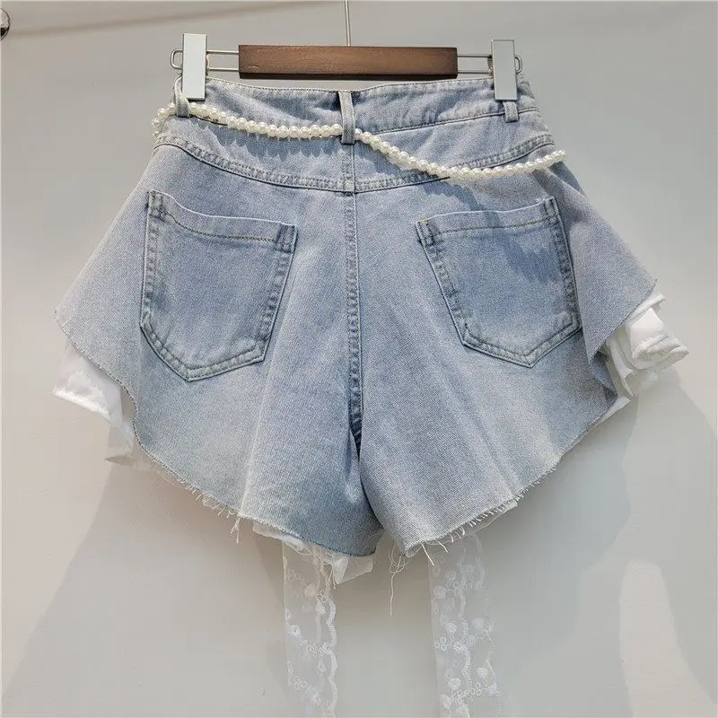 European Design Slanted Edge Splicing Jeans Shorts 2026 New Summer High Waist A-word Shorts Wide Legs Y2k Shorts