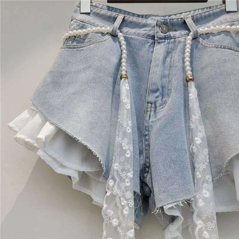 European Design Slanted Edge Splicing Jeans Shorts 2026 New Summer High Waist A-word Shorts Wide Legs Y2k Shorts