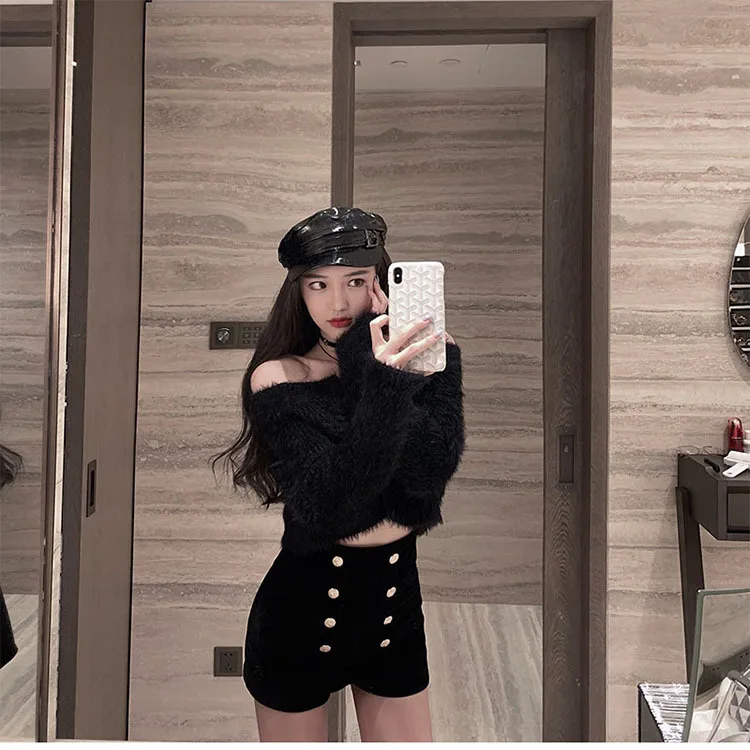 Autumn Winter High Waist Velvet Wide Leg Shorts Women Chic Double Breasted Short Pants Fashion Sexy Bottoms Casual Ropa Mujer