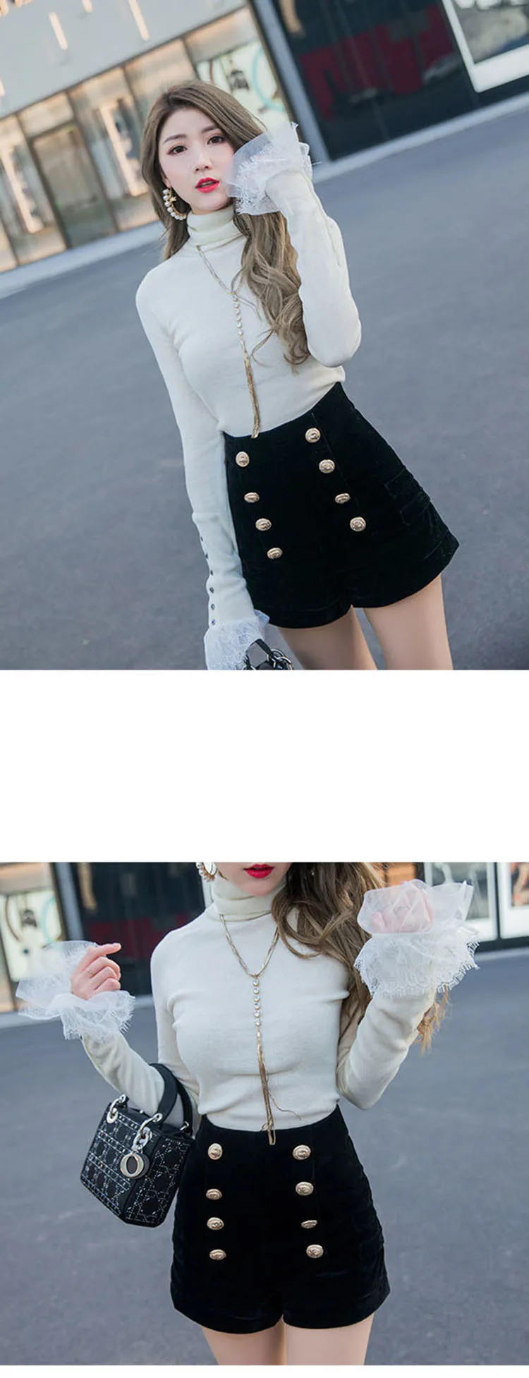Autumn Winter High Waist Velvet Wide Leg Shorts Women Chic Double Breasted Short Pants Fashion Sexy Bottoms Casual Ropa Mujer