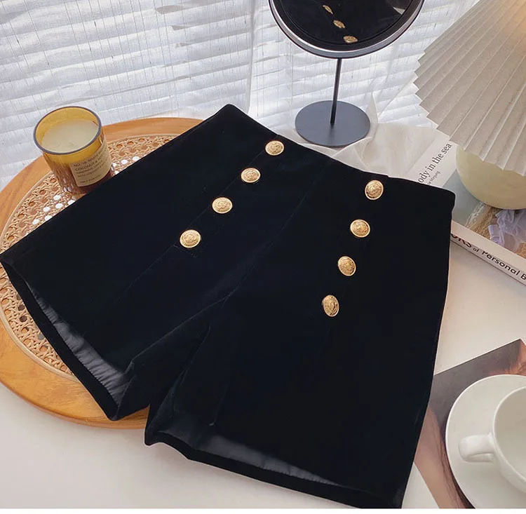 Autumn Winter High Waist Velvet Wide Leg Shorts Women Chic Double Breasted Short Pants Fashion Sexy Bottoms Casual Ropa Mujer