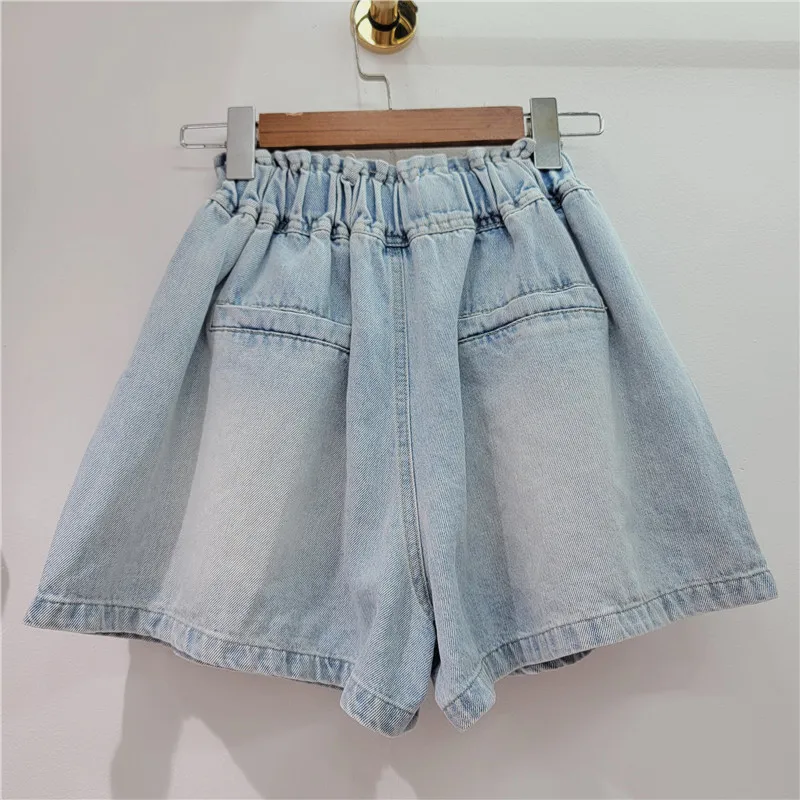 Women Shorts Jeans Wide Leg Short Pants Elastic Waist Button Diamonds Vintage Washed Distressed Summer 2025 Streetwear Denims