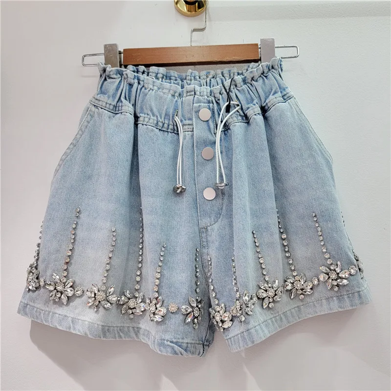 Women Shorts Jeans Wide Leg Short Pants Elastic Waist Button Diamonds Vintage Washed Distressed Summer 2025 Streetwear Denims
