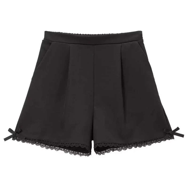 Cute Shorts for Women 2025 New Bottoms Japanese Pantalones Cortos De Mujer Ruffles Bow Lace Slim Fit Summer Black Shorts 49D675