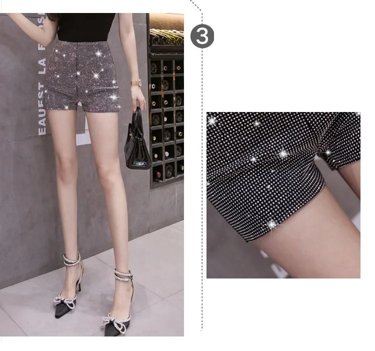 Black Rhinestone Shorts Women Chic Sexy Shiny Full Diamonds Female Stretch High Waist Glittering Bling Were Thin Hip Hot Pants