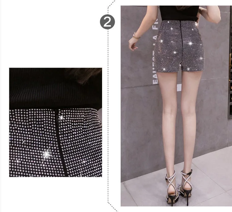 Black Rhinestone Shorts Women Chic Sexy Shiny Full Diamonds Female Stretch High Waist Glittering Bling Were Thin Hip Hot Pants