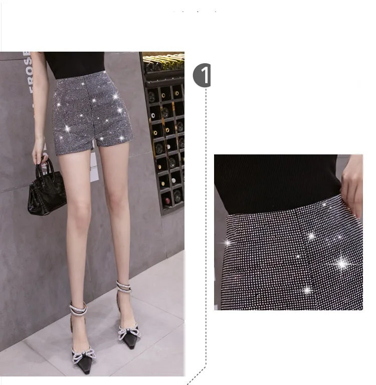Black Rhinestone Shorts Women Chic Sexy Shiny Full Diamonds Female Stretch High Waist Glittering Bling Were Thin Hip Hot Pants