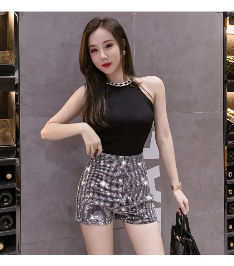 Black Rhinestone Shorts Women Chic Sexy Shiny Full Diamonds Female Stretch High Waist Glittering Bling Were Thin Hip Hot Pants