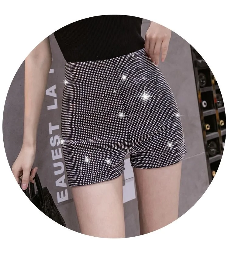 Black Rhinestone Shorts Women Chic Sexy Shiny Full Diamonds Female Stretch High Waist Glittering Bling Were Thin Hip Hot Pants