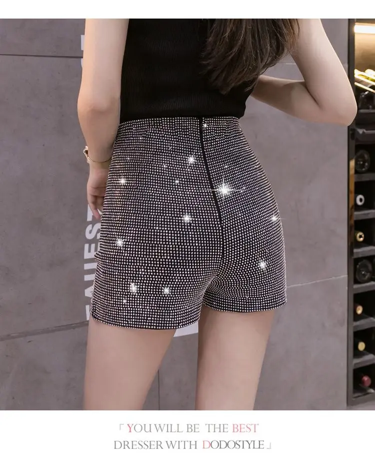 Black Rhinestone Shorts Women Chic Sexy Shiny Full Diamonds Female Stretch High Waist Glittering Bling Were Thin Hip Hot Pants