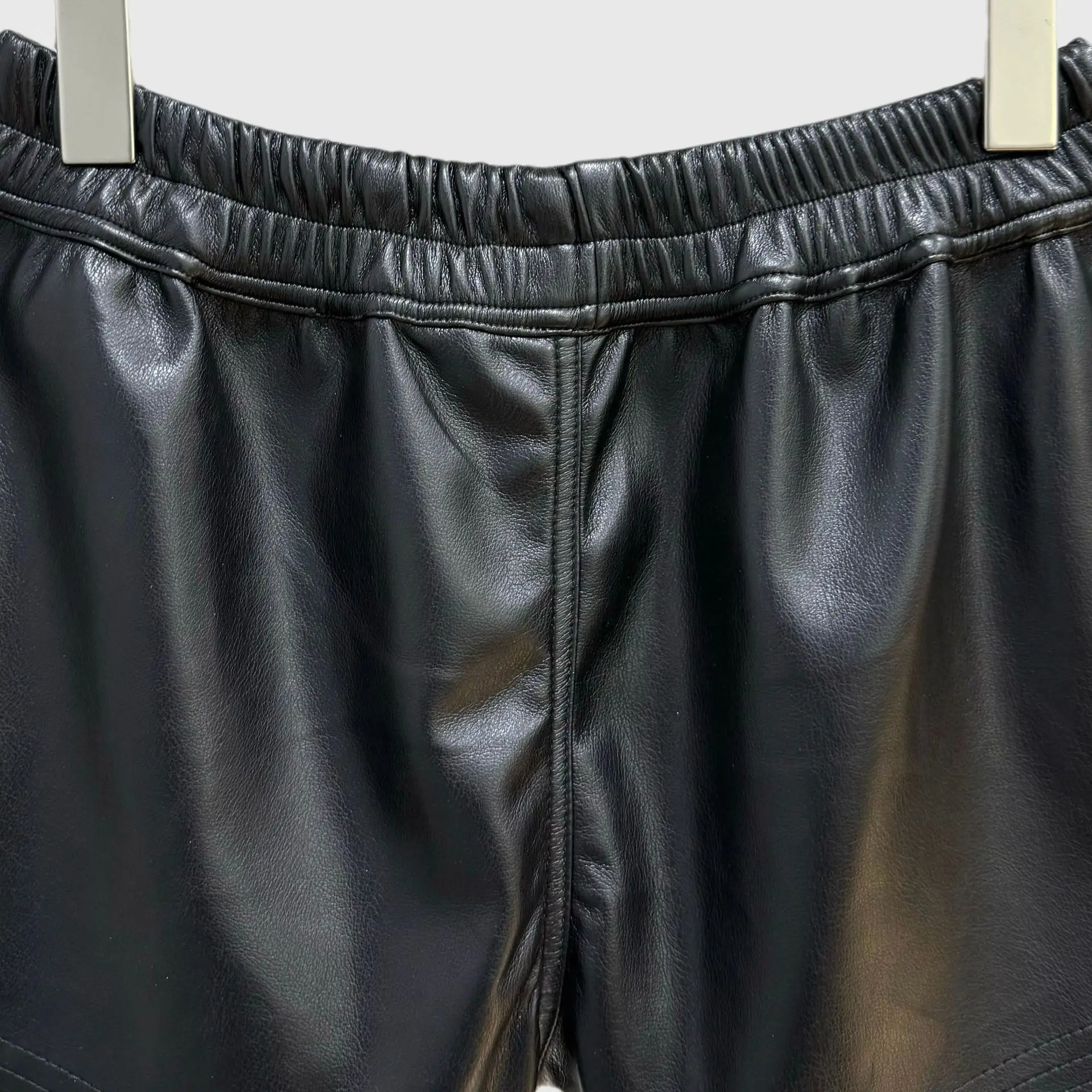 High Street Women's Dark Style Shorts Black PU Leather Elastic Waistband Drawstring Style Showing Leg Length Fashionable Shorts