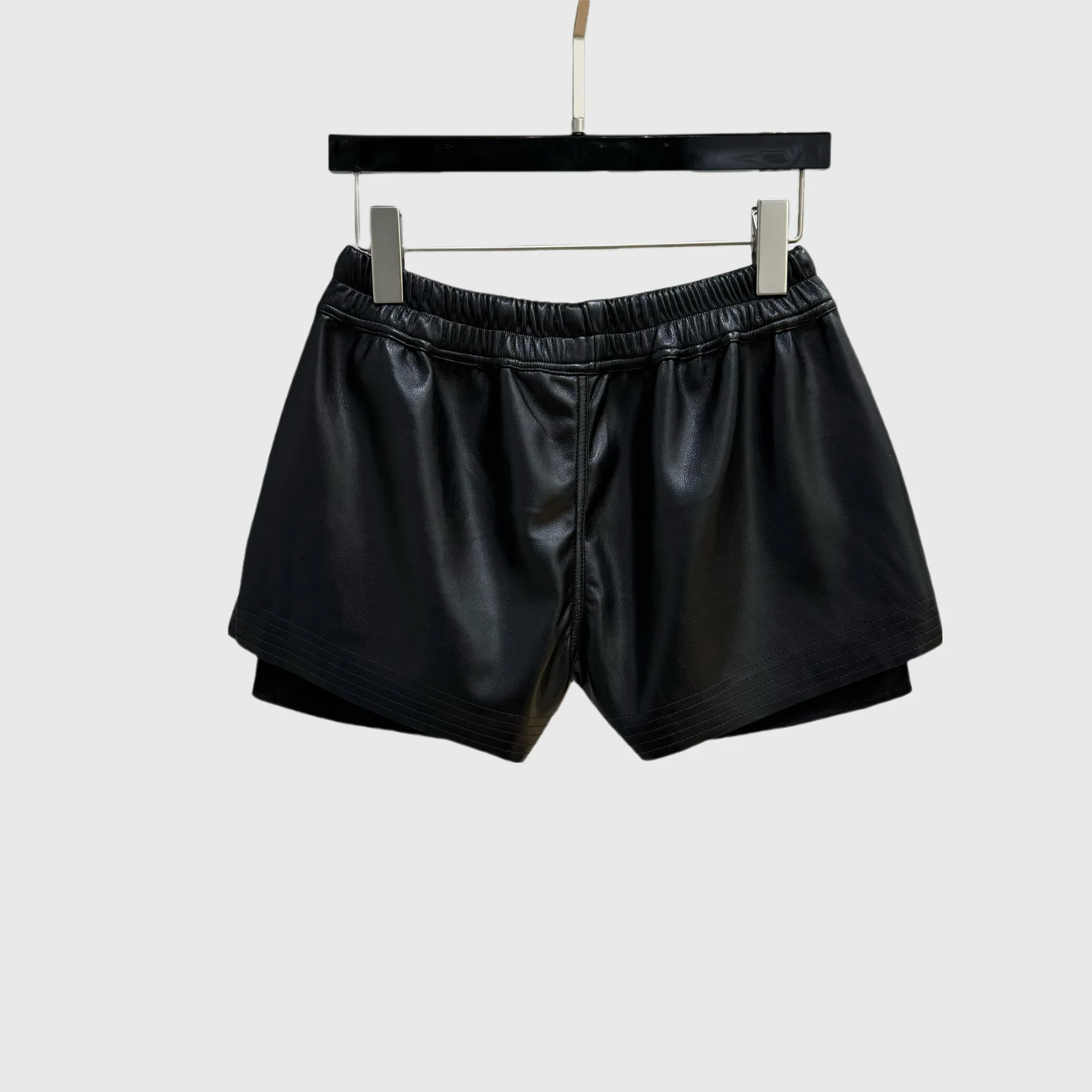 High Street Women's Dark Style Shorts Black PU Leather Elastic Waistband Drawstring Style Showing Leg Length Fashionable Shorts
