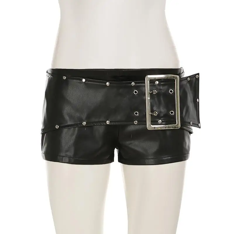 Sexy Rivet Buckle Belt Low Waist Leather Shorts for Women Y2k Spice Girl Punk Style Shorts Autumn New 2026