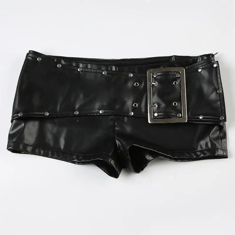 Sexy Rivet Buckle Belt Low Waist Leather Shorts for Women Y2k Spice Girl Punk Style Shorts Autumn New 2026
