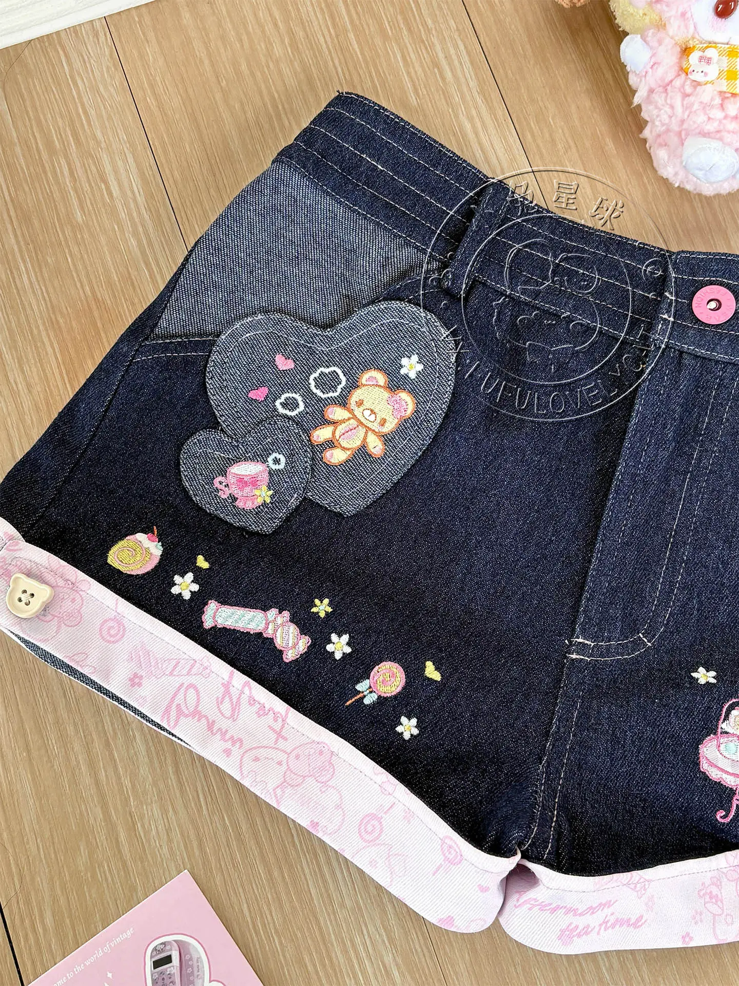 Original Japanese Sweet Girls Cartoon Embroidered Denim Shorts Summer New Daughter Clothing Y2k Shorts Short Sleeve T-shirt