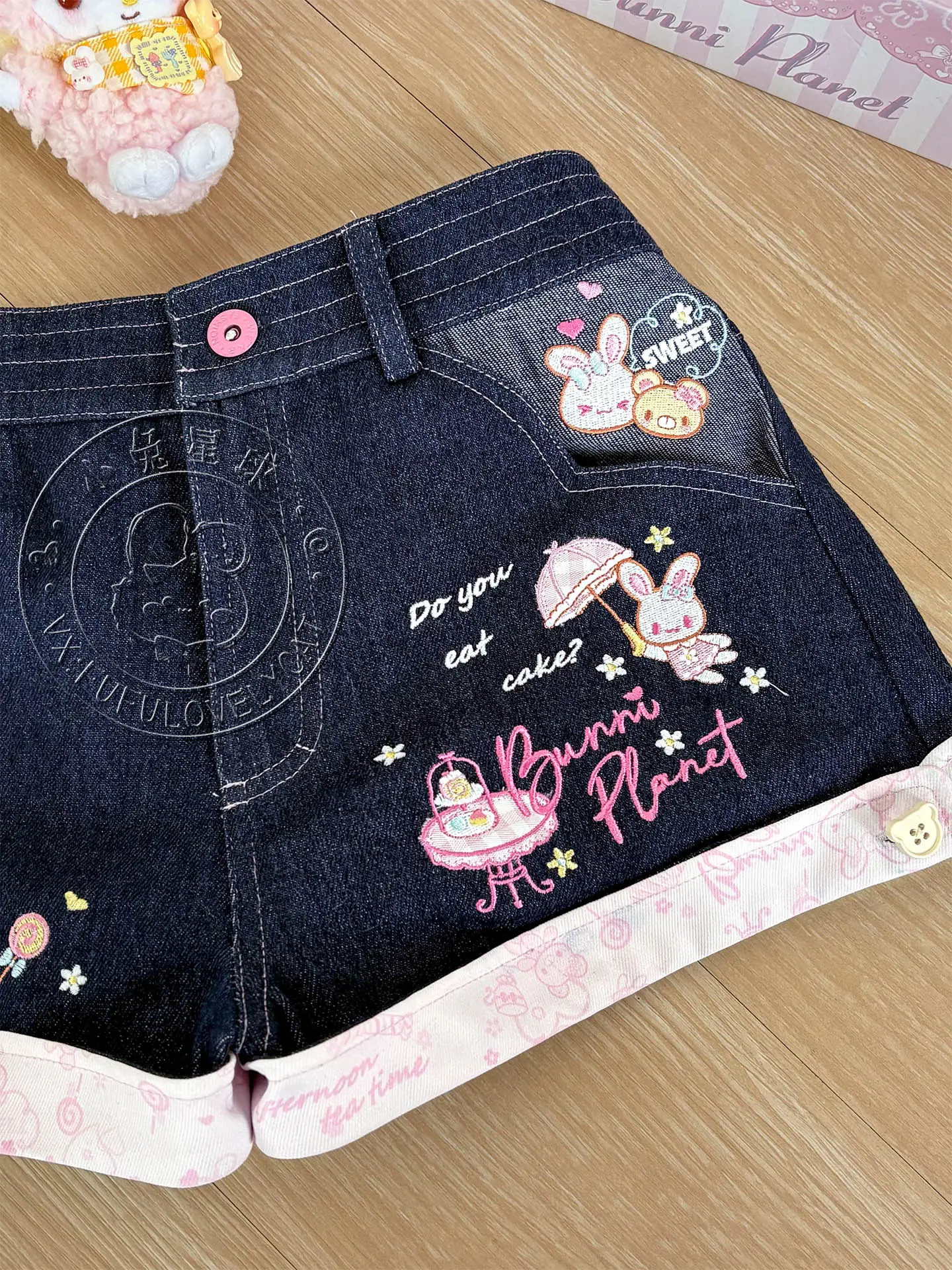 Original Japanese Sweet Girls Cartoon Embroidered Denim Shorts Summer New Daughter Clothing Y2k Shorts Short Sleeve T-shirt